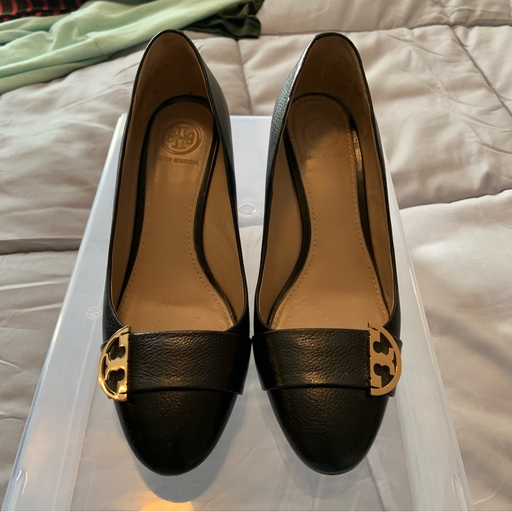 Tory Burch Black Leather Flats with Gold Accent